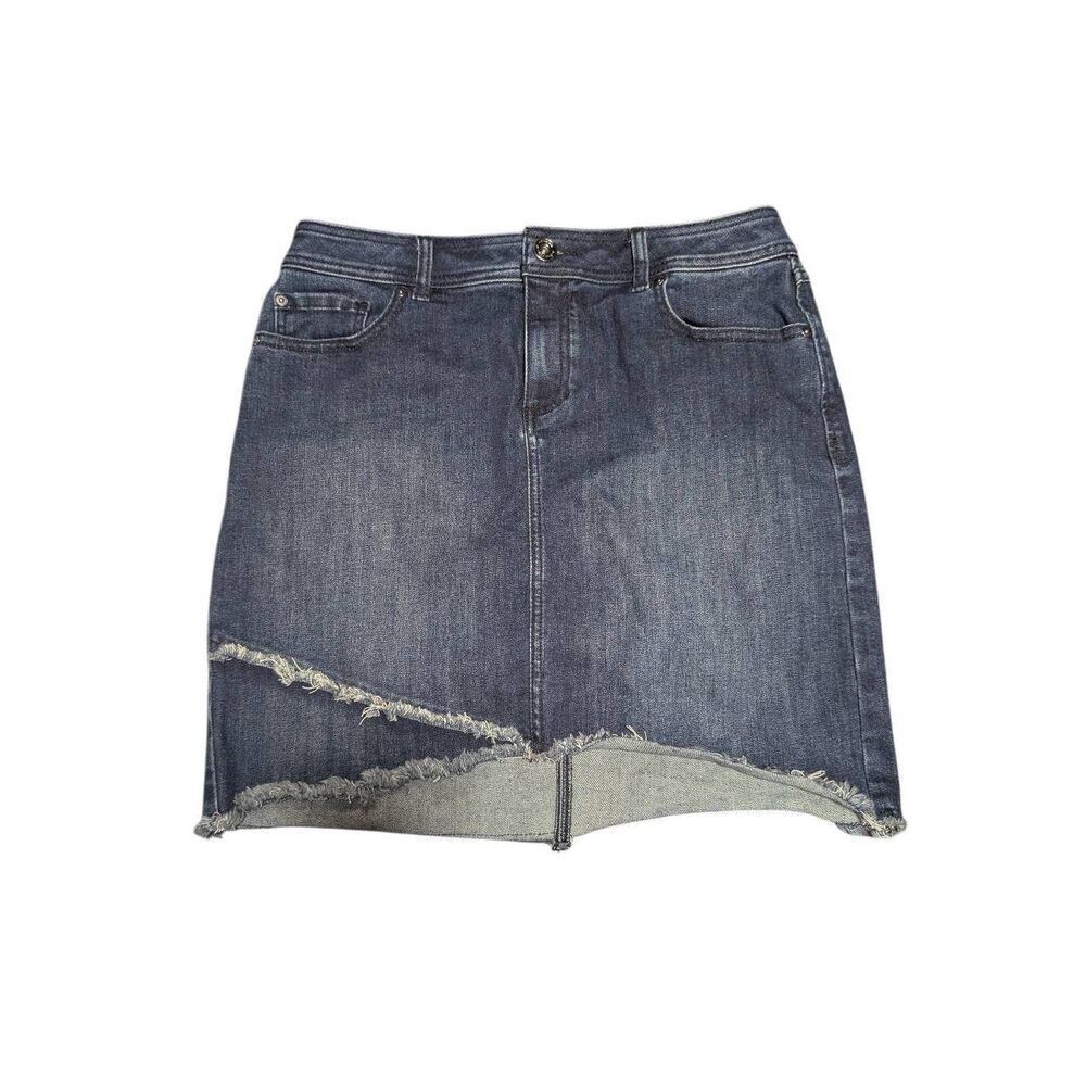 Inc Destructed Fray-Trim Crossover Blue Denim Tulip Hem Denim Skirt Size